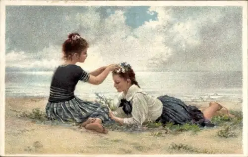 Künstler Ak Seeger, Hermann, Strandblumen, zwei Mädchen am Strand