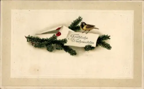 Präge Ak Frohe Weihnachten, Tannenzweig, Vogel, Brief