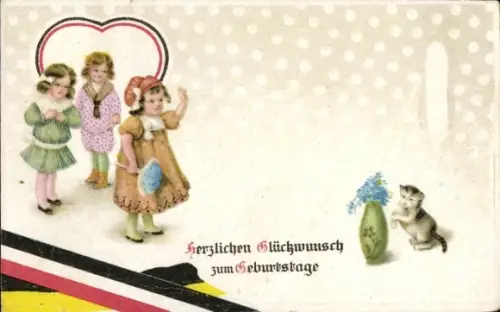 Ak Glückwunsch Sonstige, Mädchen, Katze, Blumenvase