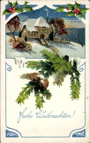 Präge Passepartout Ak Gesegnete Weihnachten, Wohnhaus im Schnee