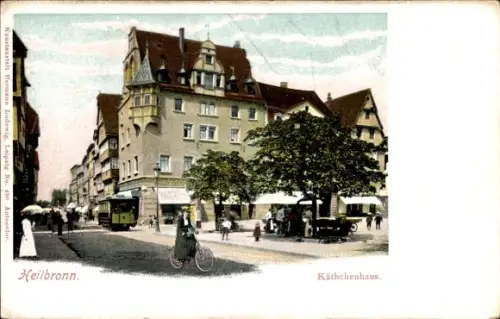 Ak Heilbronn Baden Württemberg, Straßenansicht mit Käthchenhaus, Straßenbahn, Radfahrerin