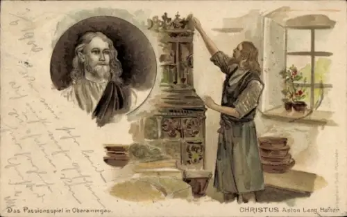 Litho Oberammergau in Oberbayern, Passionsspiel, Christus, Schauspieler Anton Lang