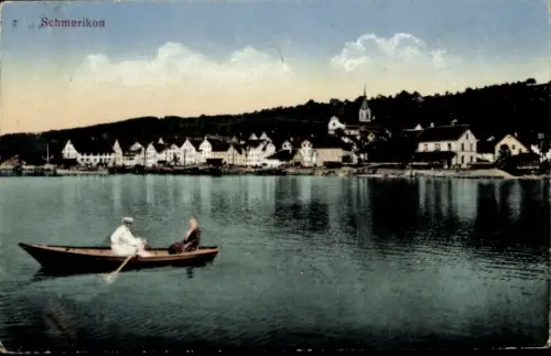 Ak Schmerikon Kanton St. Gallen, Ortsansicht am See, Ruderboot