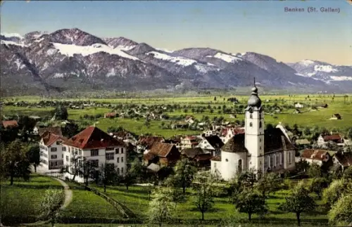 Ak Benken Kanton St. Gallen, Gesamtansicht, Kirche, Alpenpanorama