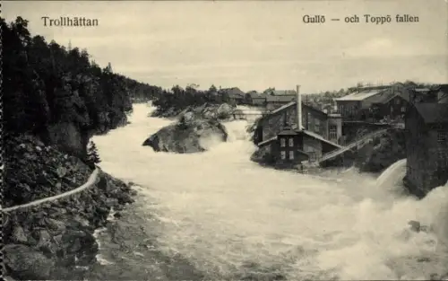 Ak Trollhättan Schweden, Gullö, och Toppö fallen