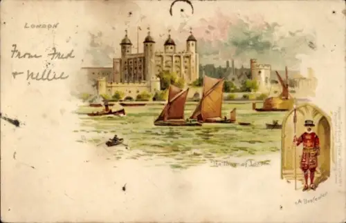 Litho London City England, The Tower of London, A Beefeater