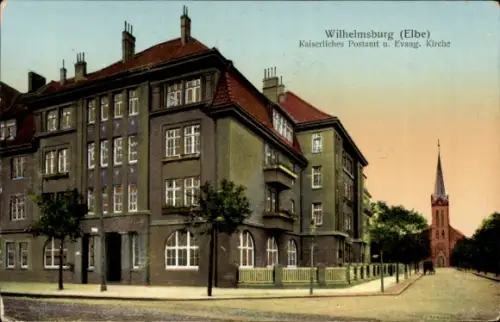 Ak Hamburg Wilhelmsburg ,  Kaiserliches Postamt, Evangelische Kirche