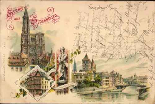 Litho Strasbourg Straßburg Elsass Bas Rhin, Münster, altes Haus, Brücke