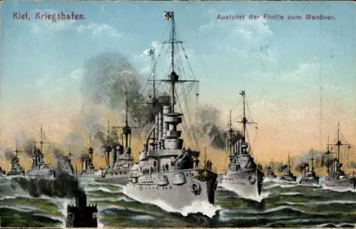 Ak Kiel, Kriegshafen, Ausfahrt der Flotte zum Manöver