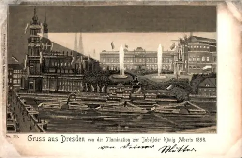 Litho Dresden Altstadt, Illumination zur Jubelfeier König Alberts 1898