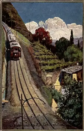 Künstler Ak Höger, R.A., Ritten Renon Südtirol, Rittnerbahn, Zahnradbahn, Rosengarten