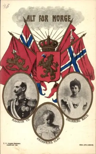 Ak Haakon VII., König von Norwegen, Maud von Großbritannien und Irland, Kronprinz Olav V.