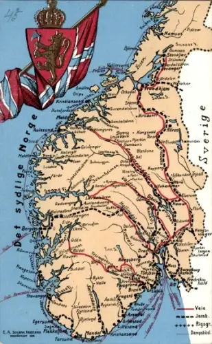 Landkarten Ak Norwegen, Königl. Wappen, Veie, Trondheim, Bergen, Sogne Fjord, Kongsberg