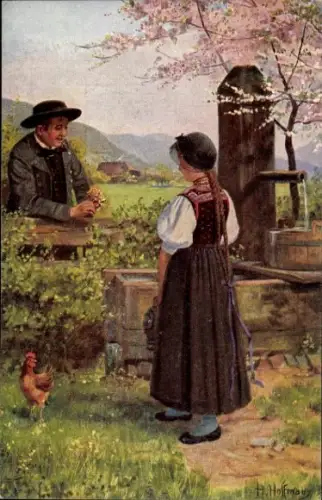 Künstler Ak Hoffmann, H., Am Brunnen, Schwarzwälderin in Volkstracht