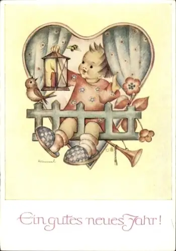 Künstler Ak Hummel, Berta, Ein gutes neues Jahr, Kind mit Laterne, Vogel, Herz