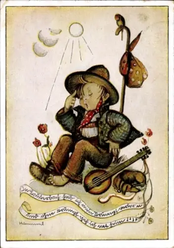 Künstler Ak Hummel, B., Junge, Laute, Blumen