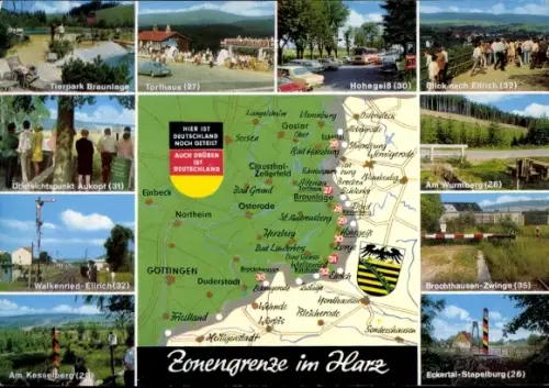 Landkarten Wappen Ak Zonengrenze im Harz, Braunlage, Torfhaus, Hohegeiß, Grenzpfosten, Besucher