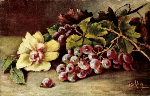 Künstler Ak Früchte, Weintrauben, Blume