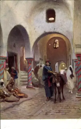 Künstler Ak Straßenszene, Frau mit Esel, Händler, Maghreb