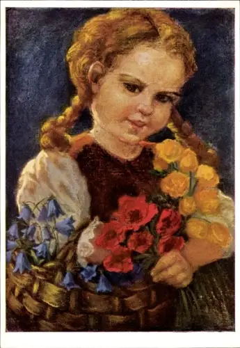 Künstler Ak Spötl, Maria, Viel Blumen viel Freude, Mädchen mit Blumenkorb