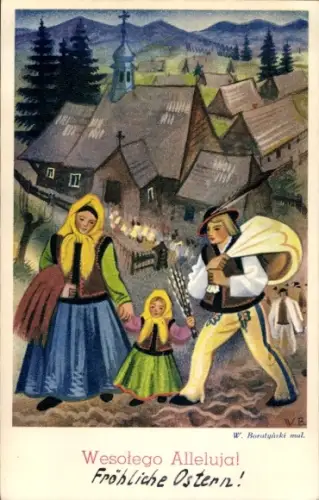 Künstler Ak Boratynski, W., Glückwunsch Ostern, Polen in Volkstrachten