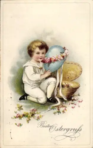 Ak Glückwunsch Ostern, Kind, Osterei, Blumen