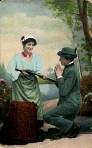 Ak Kniender Jäger, Junge frau mit Gewehr