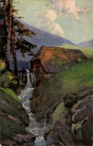 Künstler Ak Reiss, Fritz, Herbst im Schwarzwald, Wassermühle