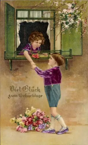 Präge Ak Glückwunsch zum Geburtstag, Junge mit Blumen gratuliert am Fenster