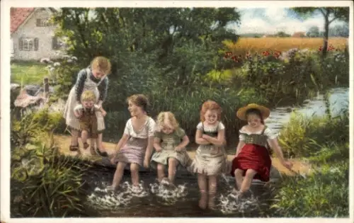 Künstler Ak Bergen, Claus, Plantschende Kinder, Mädchen am Wasser