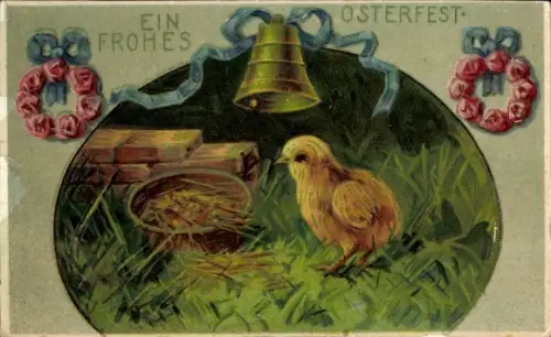Präge Ak Frohe Ostern, Küken, Glocke, Blumenkränze