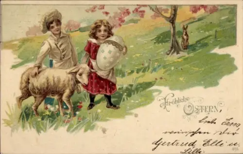 Litho Frohe Ostern, Kinder mit Schaf und Osterei