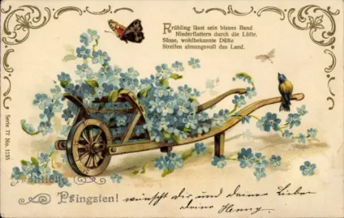 Litho Schubkarre, Vergissmeinnicht, Schmetterling, Vogel