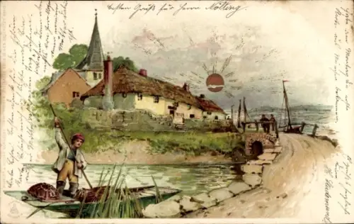Präge Litho Ortschaft, Sonnenschein, Mann im Kahn