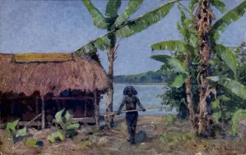 Künstler Ak Müller, Peter Paul, Papua in Neuguinea, Dorf, Hütte, Strohdach, Kolonialkriegerdank