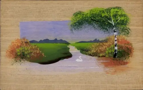 Handgemalt Ak Flusslandschaft, Schwan, Birke