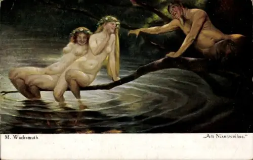 Künstler Ak Wachsmuth, M., Am Nixenweiher, nackte Frauen, Busen, PFB 4482