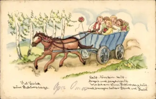 Ak Glückwunsch Geburtstag, Kinder, Fuhrwerk