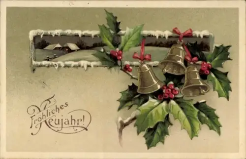 Präge Ak Glückwunsch Neujahr, Stechpalme, Glocken