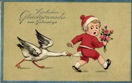 Ak Glückwunsch Geburtstag, Kind mit Blumen, Gans greift an
