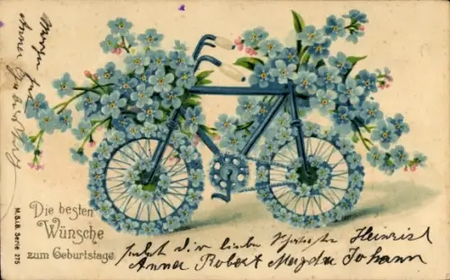Präge Ak Glückwunsch Geburtstag, Fahrrad, Vergissmeinnicht