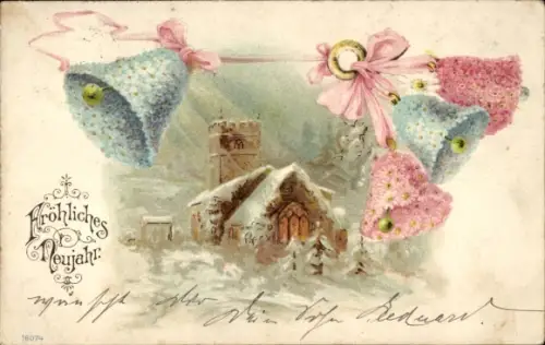 Präge Ak Fröhliches Neujahr, Glocken aus Blumen, verschneite Kirche