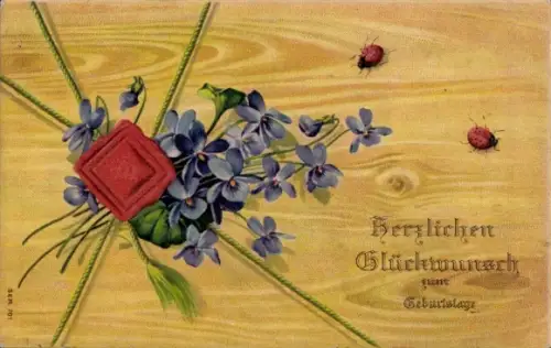 Präge Ak Glückwunsch zum Geburtstag, Veilchen, Marienkäfer, Siegel