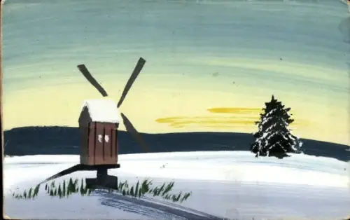 Handgemalt Ak Windmühle, Winter, Schnee, Tannenbaum