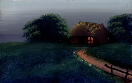 Handgemalt Ak Bauernhaus in der Dämmerung