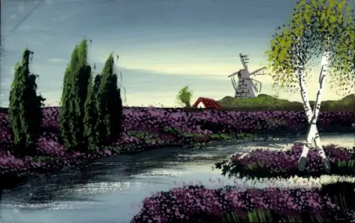 Handgemalt Ak Heidelandschaft, Windmühle, Birken