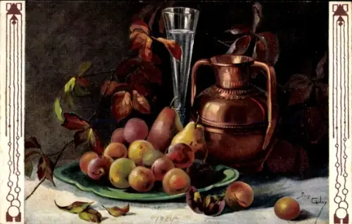 Künstler Ak Golay, Mary, Stillleben, Früchte, Glas, Kupferkanne