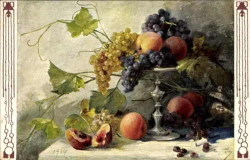 Künstler Ak Golay, Mary, Obstschale, Nektarinen, Wein