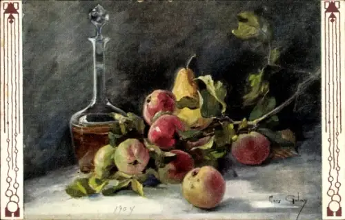 Künstler Ak Golay, Mary, Stillleben, Früchte, Glaskaraffe