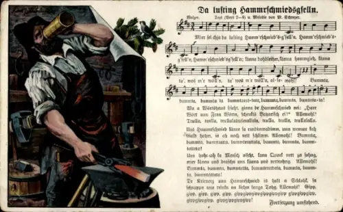 Lied Künstler Ak Schneider, Rud., Da lusting Hammrschmiedsgselln, Schmied trinkt Bier